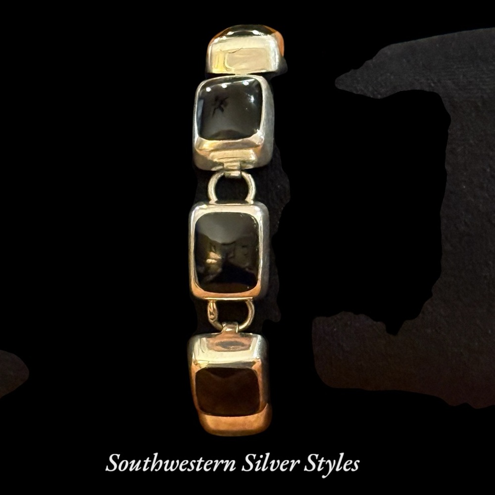 Southwestern Vintage Estate Solid Black Onyx .925 Sterling Silver Link Bracelet - Picture 3 of 9
